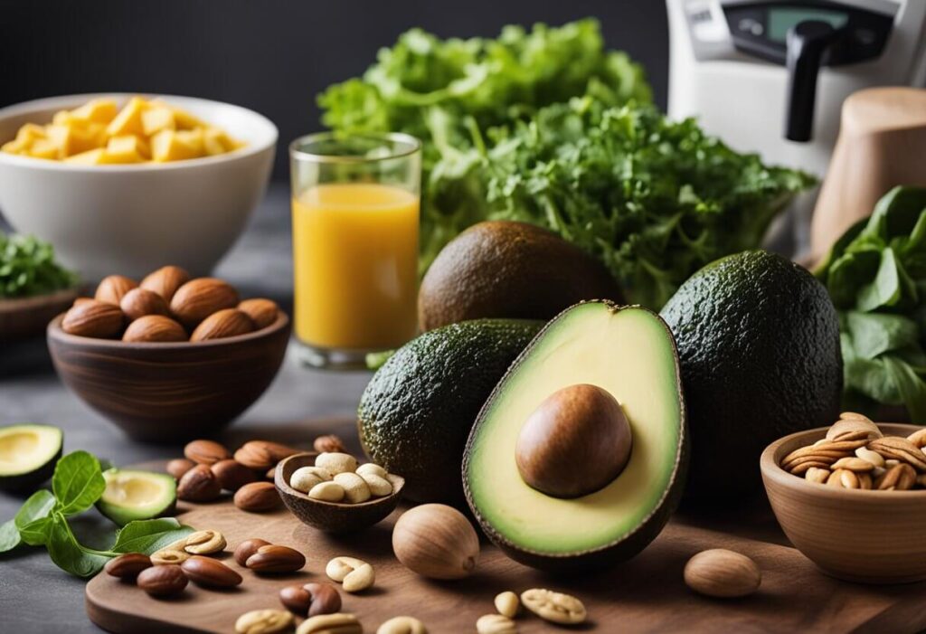 Uma refeição colorida em uma mesa, composta por abacate fatiado, folhas verdes e nozes. Esta é uma típica refeição da dieta cetogênica, rica em gorduras saudáveis, proteínas e vegetais de baixo teor de carboidratos