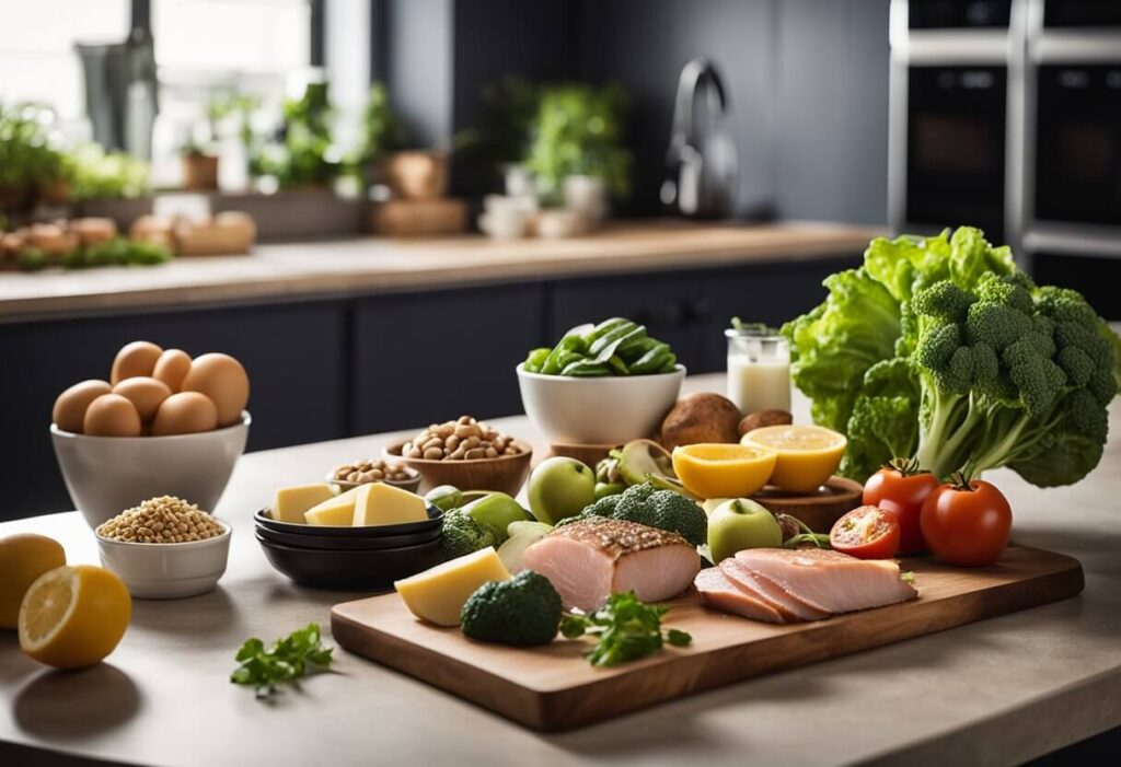 Uma refeição colorida em uma mesa, composta por carne fresca, abacate fatiado, ovos cozidos, folhas verdes e tomates cereja. Esta é uma típica refeição da dieta cetogênica, rica em gorduras saudáveis, proteínas e vegetais de baixo teor de carboidratos