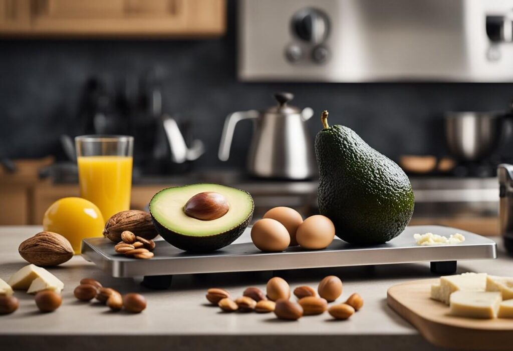 Uma mesa posta com alimentos com baixo teor de carboidratos e alto teor de gordura: abacate, ovos, queijo e folhas verdes. Rótulo nutricional com “Dieta Cetogênica” em destaque