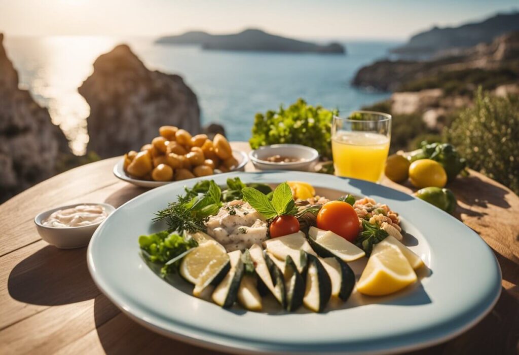 Delicioso prato disposto em uma mesa com vista para o mar.