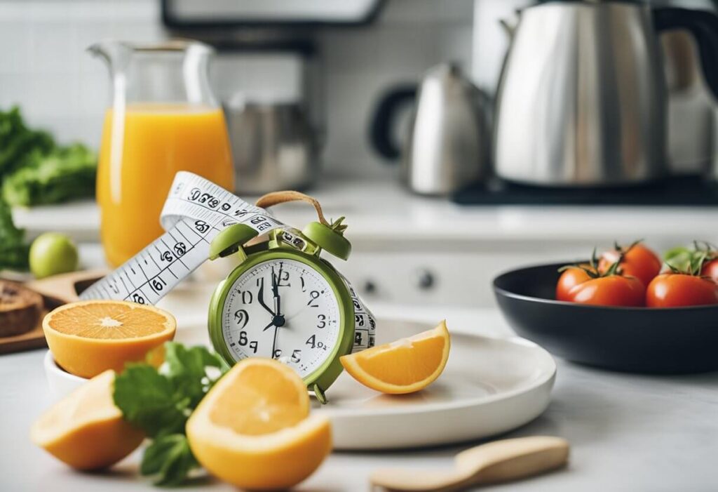 Dietas incríveis: Um relógio mostrando a passagem do tempo, um prato de comida sendo reservado e um calendário marcando os dias de jejum