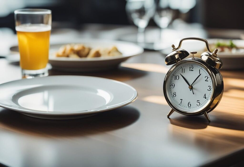 Um relógio mostrando a passagem do tempo, um prato de comida sendo reservado e um calendário marcando os dias de jejum
