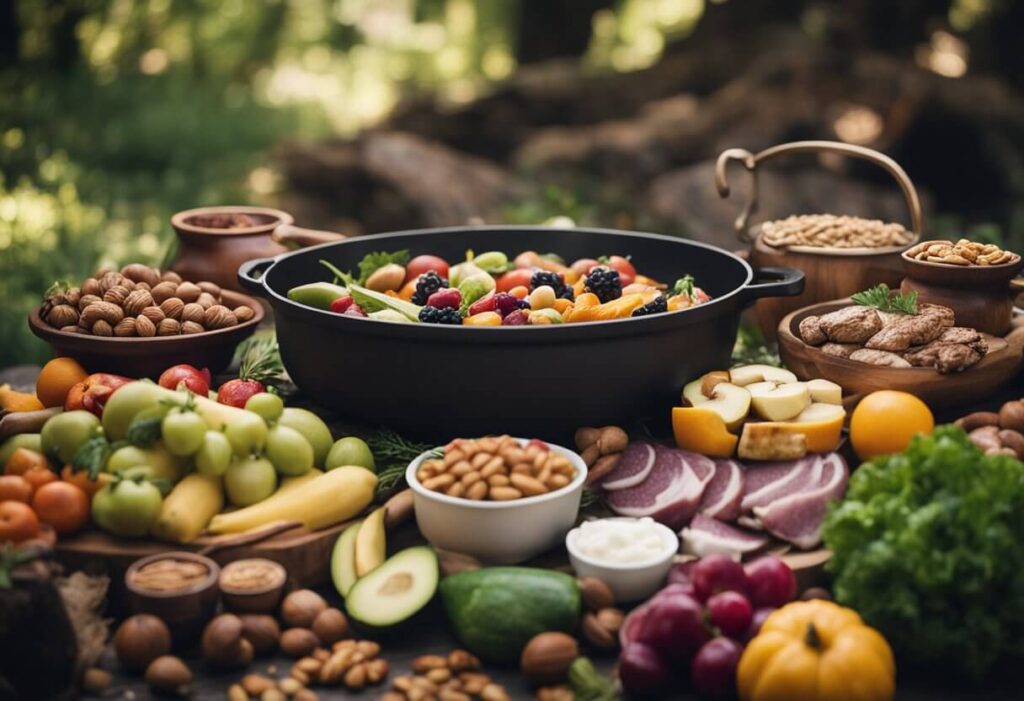 Uma mesa repleta de frutas frescas, vegetais, carnes magras e nozes. Uma panela de cozimento no estilo das cavernas repousa sobre uma fogueira aberta, com uma variedade de ingredientes naturais prontos para serem preparados.



