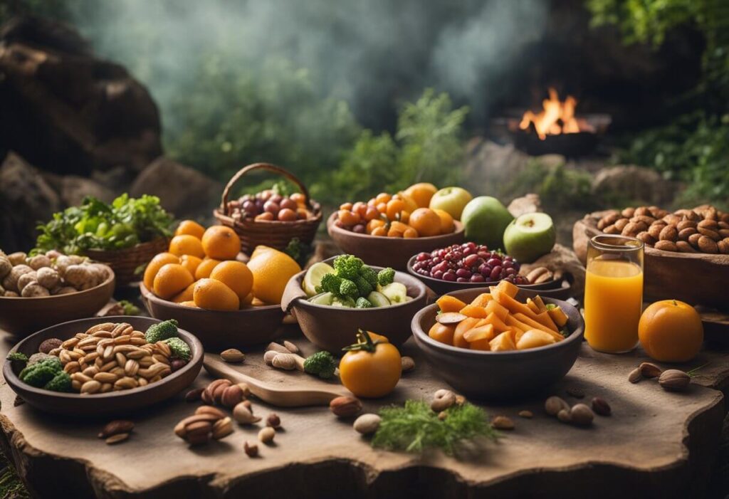 Uma mesa com frutas frescas, vegetais, nozes e carnes magras. Um ambiente semelhante a uma caverna com uma fogueira e ferramentas de cozinha primitivas.