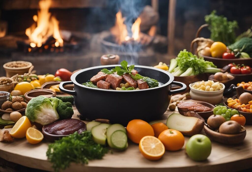 Uma mesa exibe vários alimentos: carne, peixe, frutas e vegetais. Uma panela estilo homem das cavernas no fogo