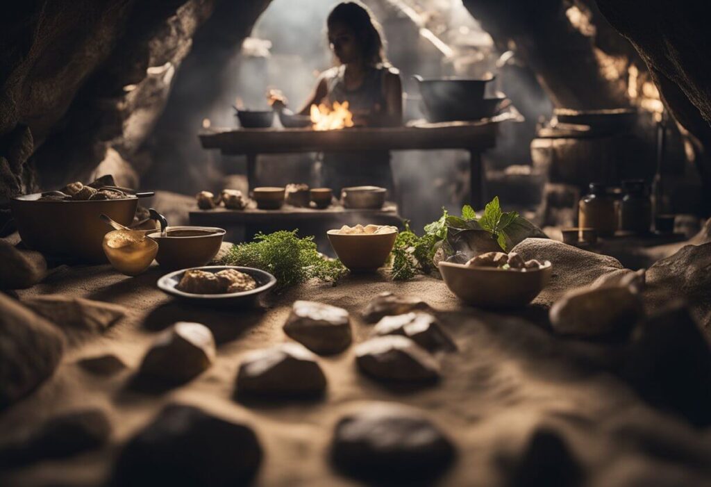 Preparando alimentos em um caverna.