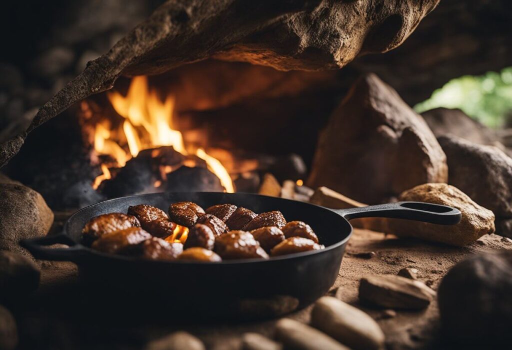 Carne sendo assada em ambiente que lembra uma caverna.