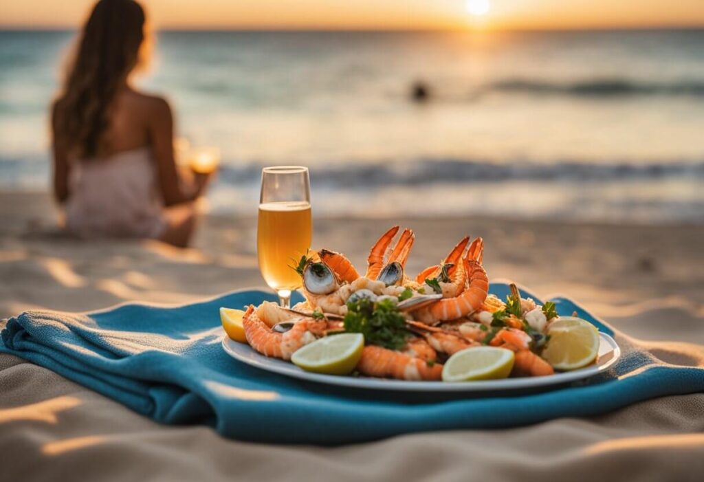 Frutos do mar em um prato numa praia calma.