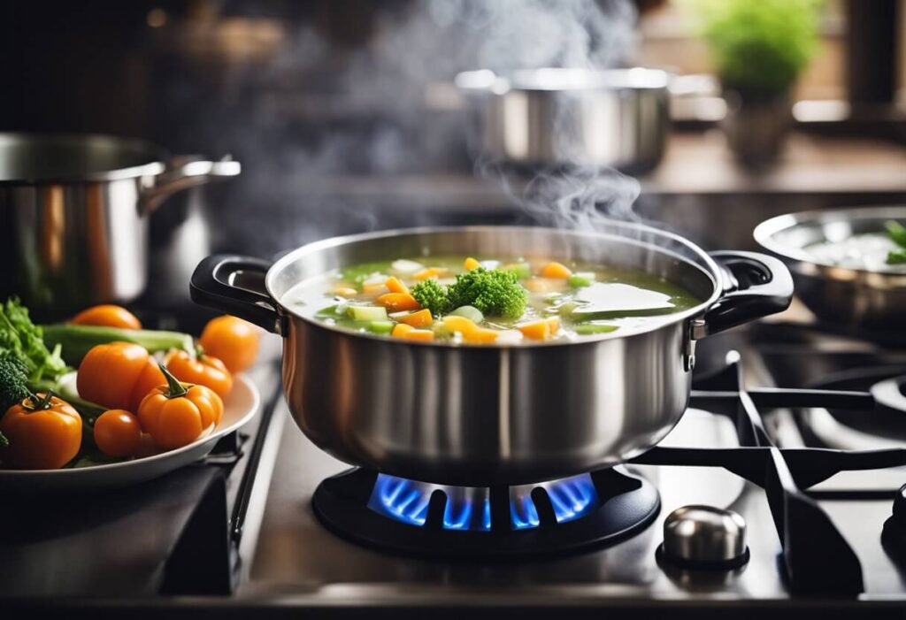 Dieta Volumétrica, é uma das dietas maravilhosas que fazem parte das dietas de controle de calorias: Panela de sopa esquentando no fogão.